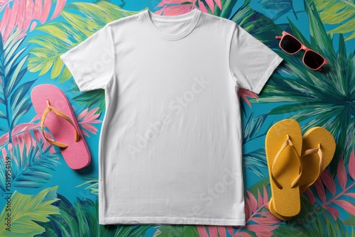 Plain White T-Shirt with Tropical Beach Accessories