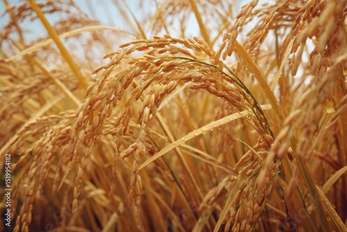 Golden Rice Fields and Harvest in Countryside Scene