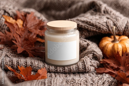 Cozy Autumn Candle with Leaves and Knit Blanket