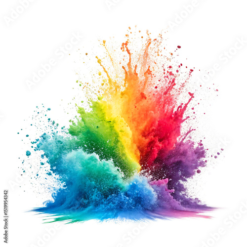 Energetic blue red yellow powder explosion with colorful burst of dynamic dust particles