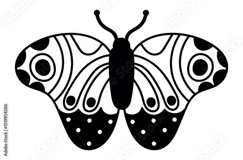 Stylized butterfly with dotted and striped wings, showcasing bilateral symmetry, in a black and white design creates a visually striking image