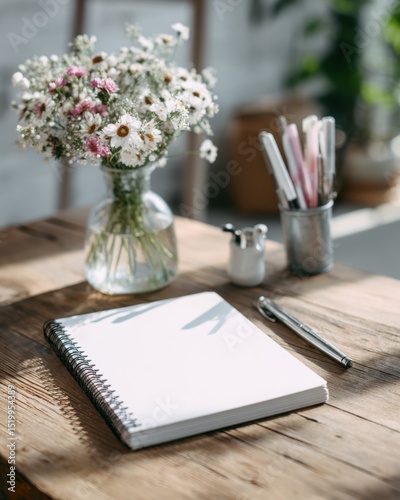 Desk Still Life with Notepad Flowers and Stationery