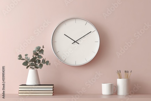 Minimalist Wall Clock With Eucalyptus On Pink Background