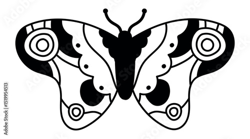 Symmetrical butterfly with spread wings, black body and antennae, decorated with black circular patterns and dots on white background, forming a stylized and elegant design