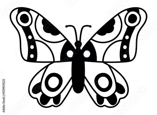 Butterfly with big wings and big circles, black and white drawing representing a butterfly with open wings, perfect graphic for simple designs