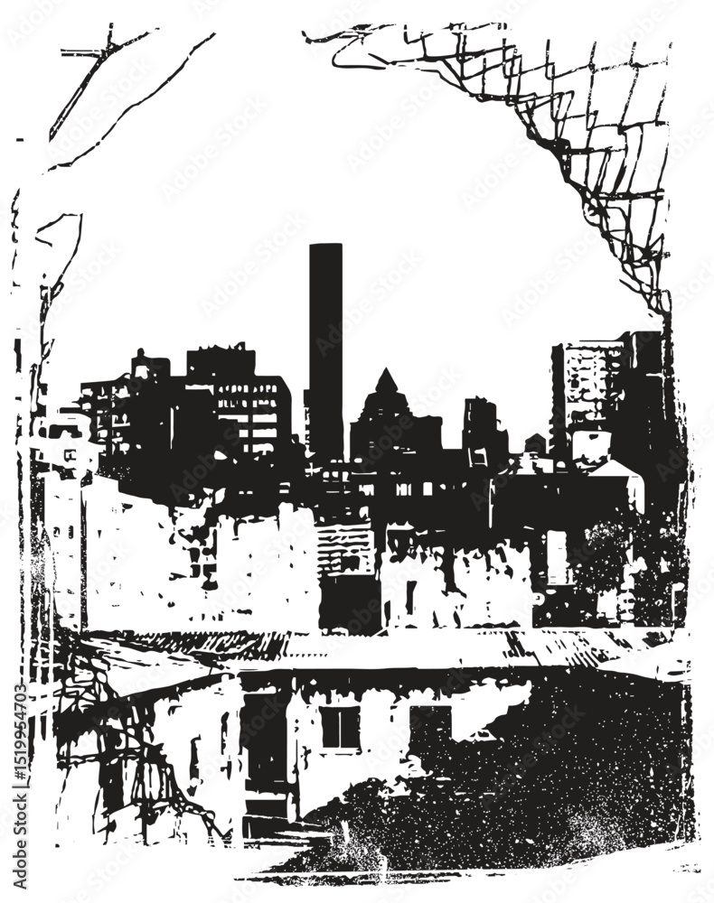 Obraz premium Urban Silhouette with Distressed Frame: A Monochromatic Cityscape