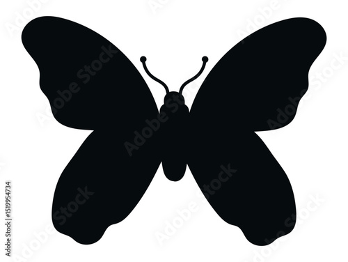 Black butterfly silhouette with outspread wings, isolated against a pristine white background, symbolizes beauty, elegance, and the transformative power of nature's delicate creatures