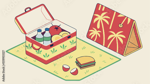 Isometric picnic scene with lunchbox, sandwich, and palm tree patterned tent on a blanket vector art