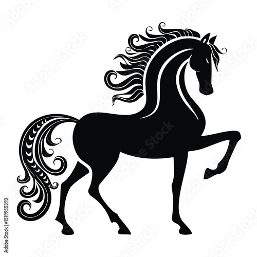 Elegant black horse silhouette ornate mane tail