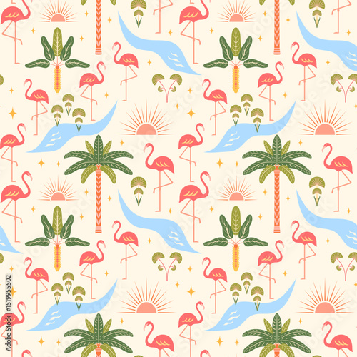 Flamingos seamless pattern vector illustration. Tropical pink flamingo birds on river bank, exotic palm trees, decorative celestial symbols on light background. Cute colorful boho summer vibes design