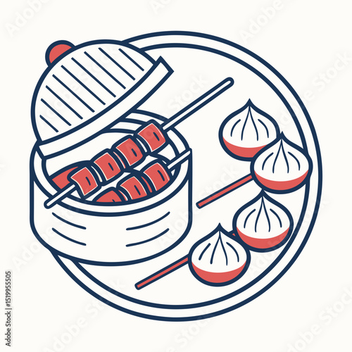 Stylized Illustration of Asian Food Dumplings and Skewers in a Steamer Basket