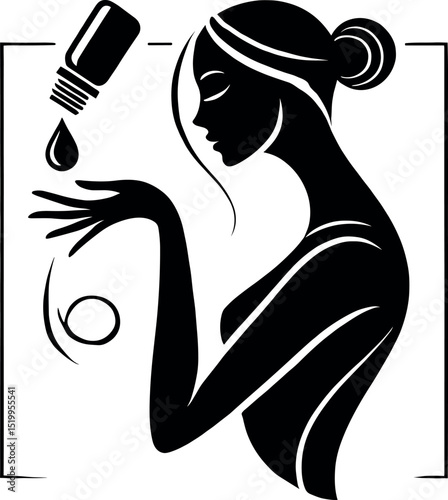 A black-and-white minimalist oil drop silhouette featuring a woman’s outline holding an essential oil bottle with a drop falling onto her palm, representing wellness and aromatic scents.
