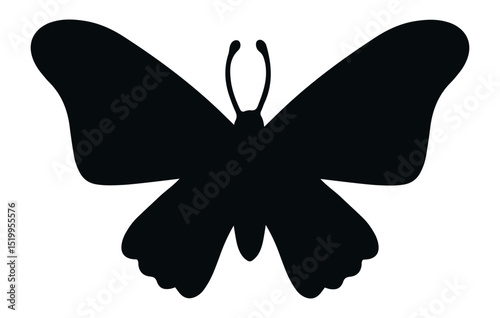 Black butterfly silhouette featuring open wings and prominent antennae, isolated against a white background, embodying the essence of nature, beauty, and elegance in flight