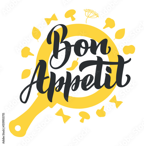 Inspiring Bon Appetit lettering inviting to enjoy delicious food, surrounded by yellow silhouettes of vegetables, herbs, pasta, and a pan, creating a warm and welcoming atmosphere
