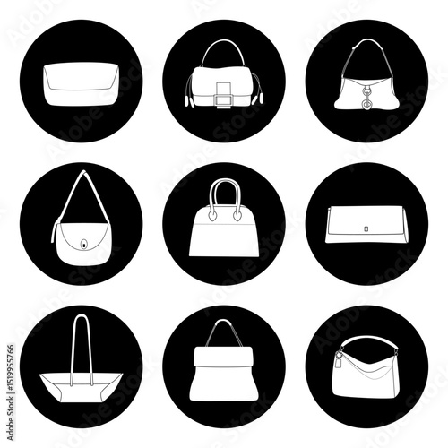 Minimalist Handbag Icons – White Purse Silhouettes on Black Circular Backgrounds
Set of elegant white handbag and purse icons designed in a minimalist style. Placed on solid black circular backgrounds