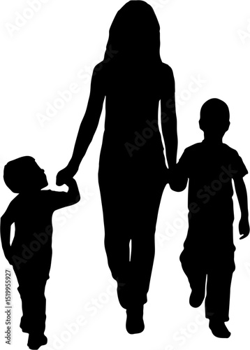 silhouette of a mother walking holding her two children