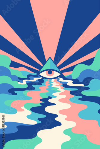 Colorful geometric eye illustration wallpaper background, mystical concept.