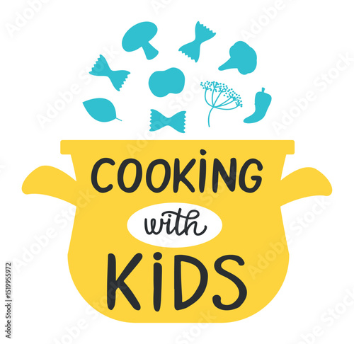 Ingredients such as pasta, mushrooms, broccoli, dill and chili pepper are falling into a yellow pot, suggesting cooking activities with children