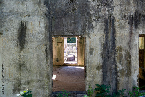 Old abandoned buildings in the famous southern resort. Abandoned historical buildings in Gagra Abkhazia. bright sunny day