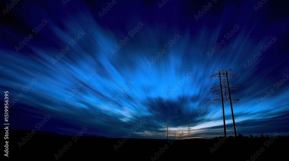 Obraz premium Glowing power lines against a deep blue sky, abstract energy infrastructure with dramatic contrast lighting, symbolizing modern urban vitality.