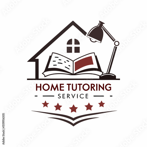 Home Tutoring Service Logo Featuring a House Book Lamp and Stars
