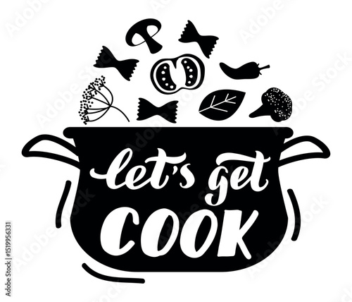 Vegetables, pasta and spices falling into a cooking pot with the inspirational phrase let's get cook written on it, promoting culinary enthusiasm and homemade food
