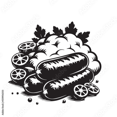 Black Bangers and Mash Silhouette Vector, High Quality Illustration on White Background