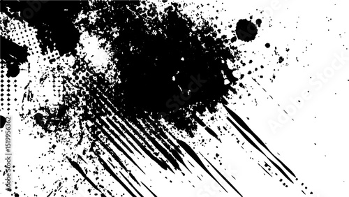 Halftone dots modern grunge texture black grunge brush stroke white background. Black Ink splatter brush stroke on white halftone dots abstract background	