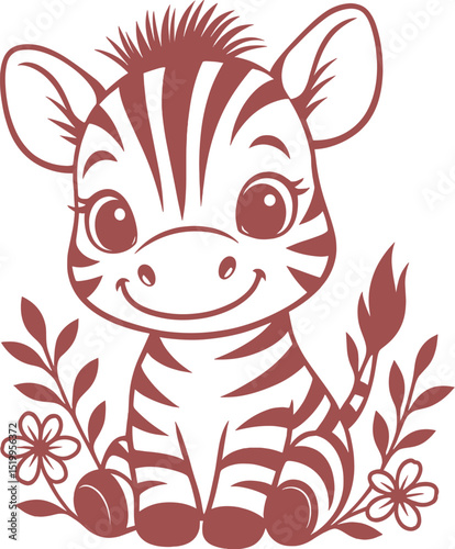 Cute Zebra with floral wreath vector illustration, farm animal drawings