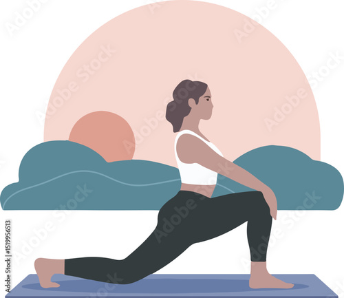 Flat Vector Yoga Woman in Lunge Pose with Decorative Background