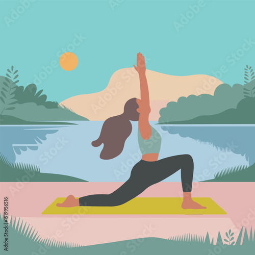 Flat Vector Yoga Woman in Lunge Pose with Decorative Background