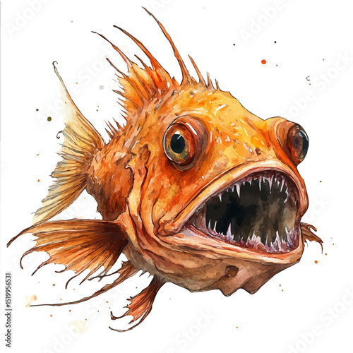 Anglerfish, watercolor clipart vector, high quality, isolated on a white background.