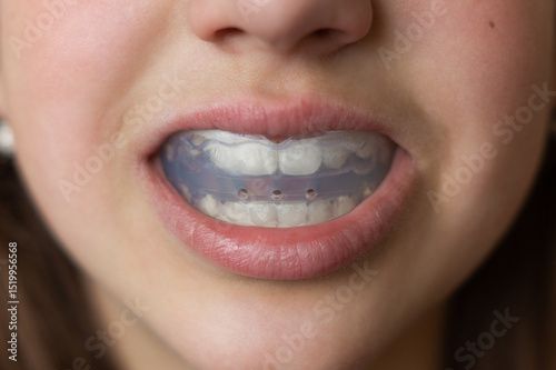 A child or girl or young woman holds a silicone orthodontic cap in her mouth to straighten her teeth. Front view close-up