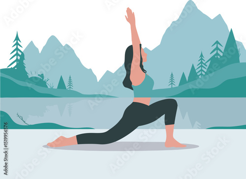 Flat Vector Yoga Woman in Lunge Pose with Decorative Background
