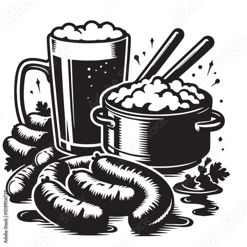 Black Bangers and Mash Silhouette Vector, High Quality Illustration on White Background