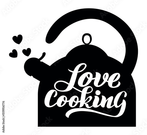 Stylish black silhouette of a tea kettle with the words Love Cooking written on it, emitting small hearts, perfect for kitchen decor, recipe books, or culinary themed designs