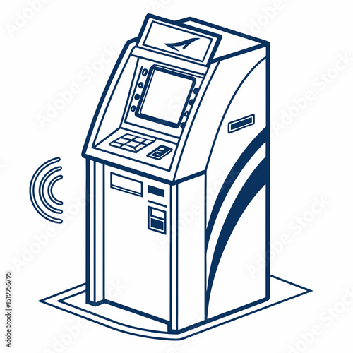 Blue Line Art of an ATM with Wireless Symbol on White Background