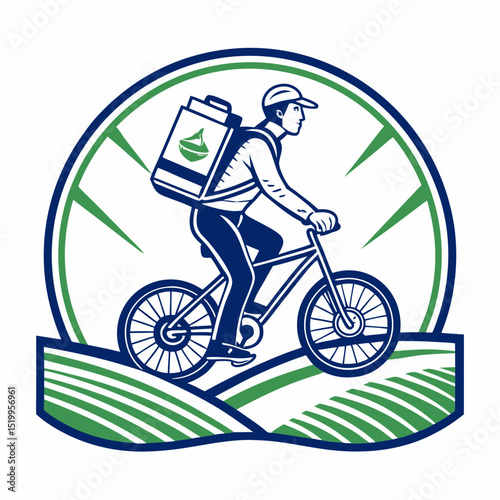 Delivery Cyclist with Backpack on Farm Field Emblem in Retro Style