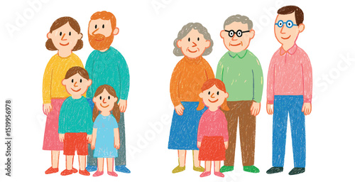 Family with Children and Relative in Crayon Style