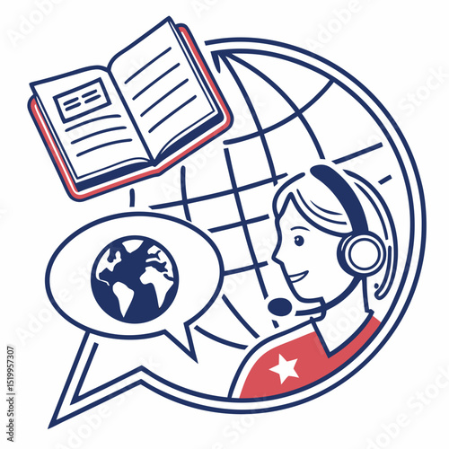 Global Education and Communication A Woman with Headset Book and World Globe