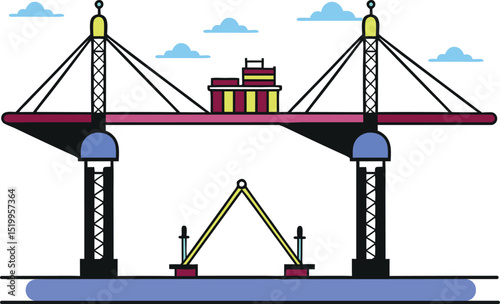 Colorful cartoon suspension bridge vector with towers, cables, and a central building structure. Modern design perfect for cityscape, architecture, or engineering themes. Flat and clean illustration 