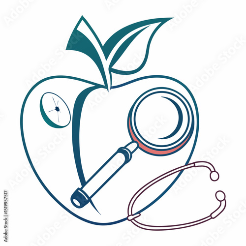 Apple with Stethoscope and Magnifying Glass Representing Health Checkup