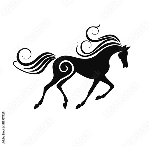 Elegant black silhouette of a running horse with ornate mane and tail