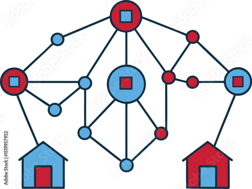 Vector illustration of a connected network with houses, circles, and squares symbolizing digital communication or data sharing. Ideal for smart home, IoT, or internet connection concepts. 