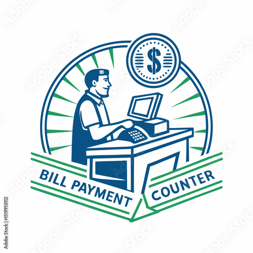 Bill Payment Counter Logo with Man Working at Computer and Dollar Sign