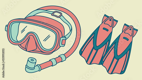 Diving gear illustration, snorkel mask and fins vector design for summer vacation and beach activities