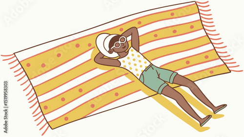 Woman sunbathing on beach towel illustration summer vacation relaxation tanning vector graphic design art