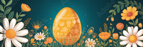 Ornate Golden Easter Egg with Vibrant Floral Border on Teal Background 