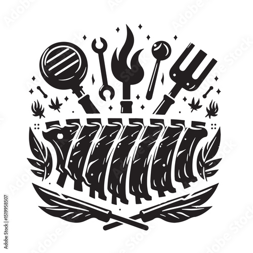 Black BBQ Ribs Silhouette Vector, High Quality Illustration on White Background