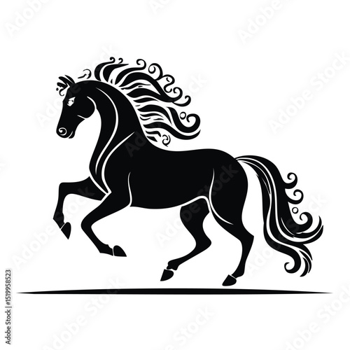 Majestic black stallion with ornate mane and tail
